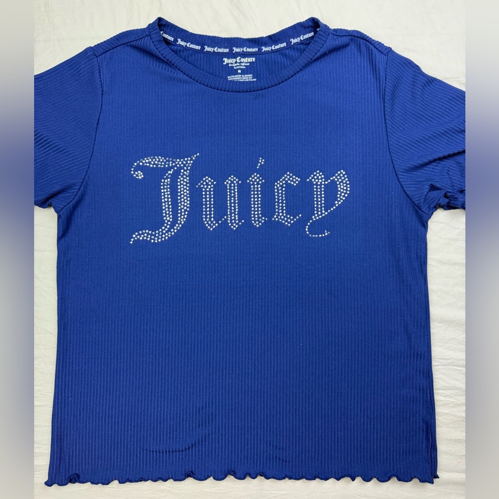 Juicy Couture Women's Blue Rhinestone 'Juicy' Ribbed Tee